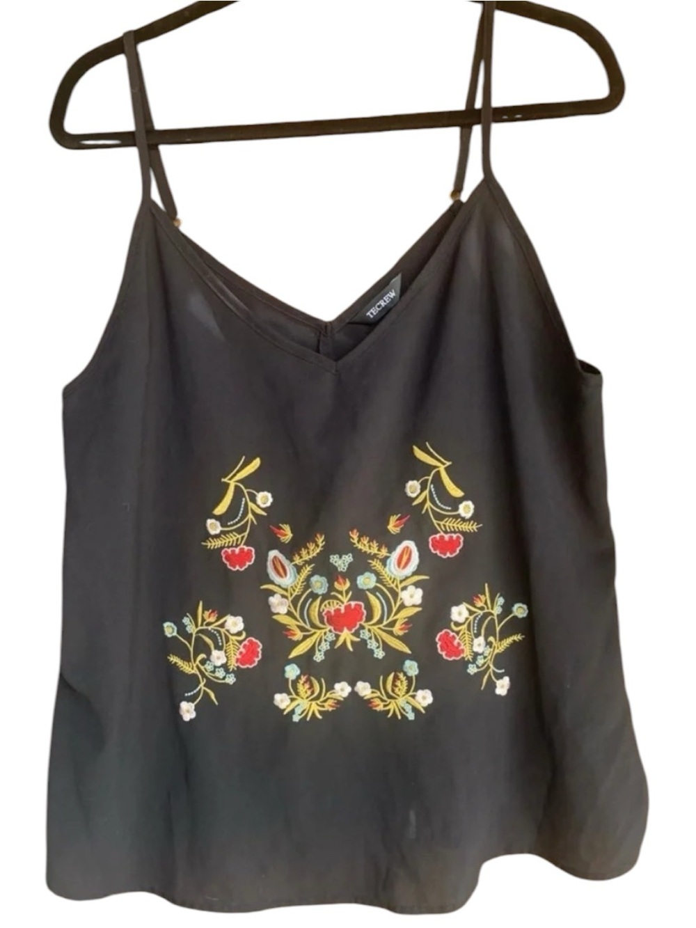 XL Tecrew Tank Top 100% polyester Womens Black Floral Embroidery Tank Top